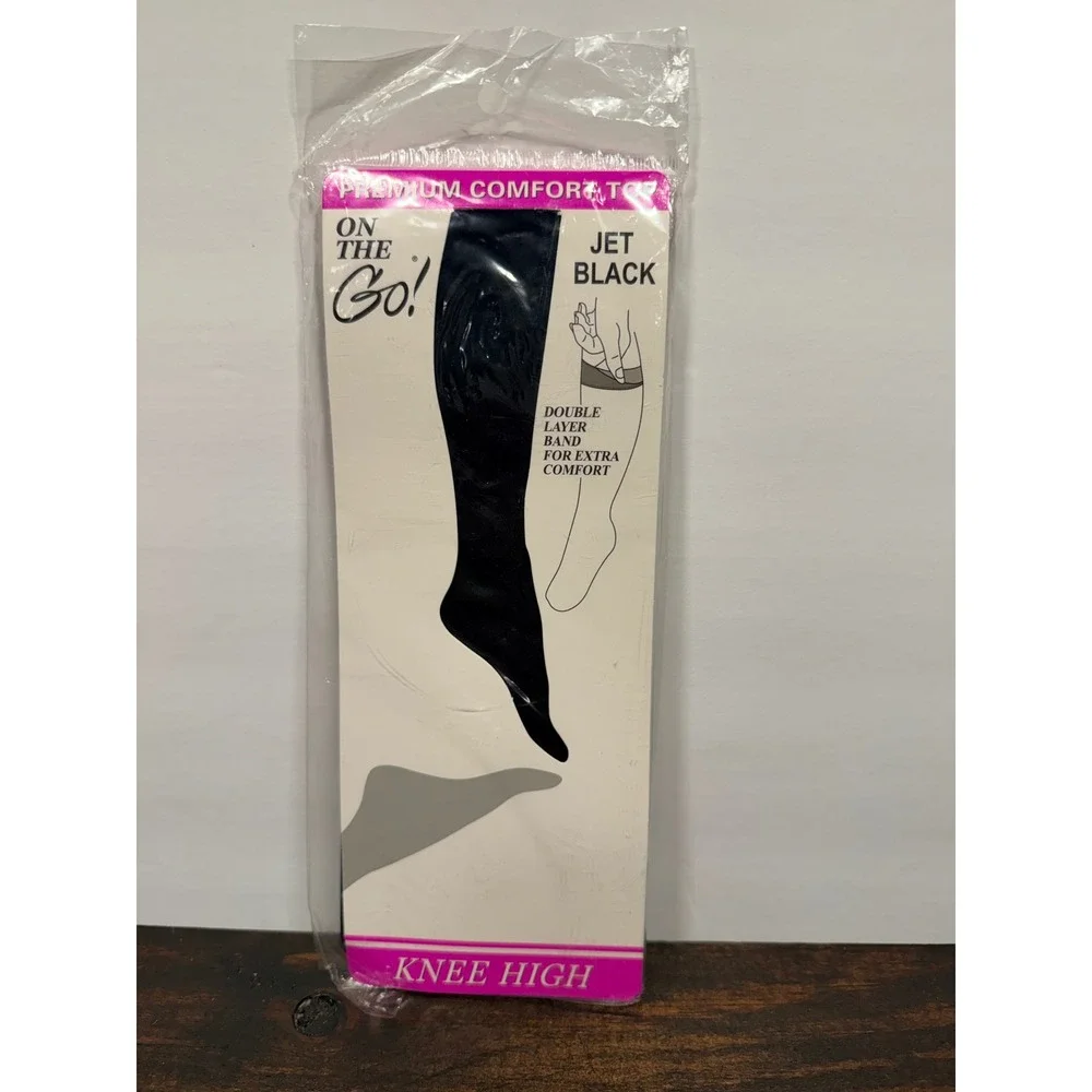 On The Go! Hosiery Knee High Socks Jet Black Premium Comfort Top One Size 8.5-11